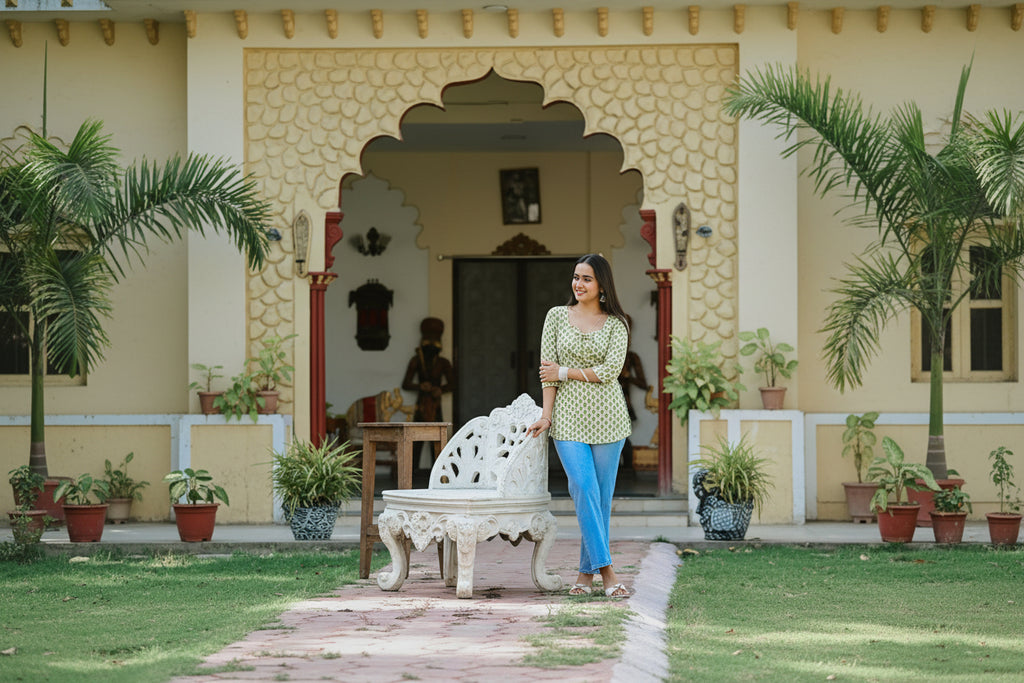Hariyali Kurti | Corset back| Convertible sweetheart neck |100% pure cotton | ClubTara