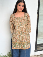 Warli print kurti | Beige color | Detailed sleeves | corset back