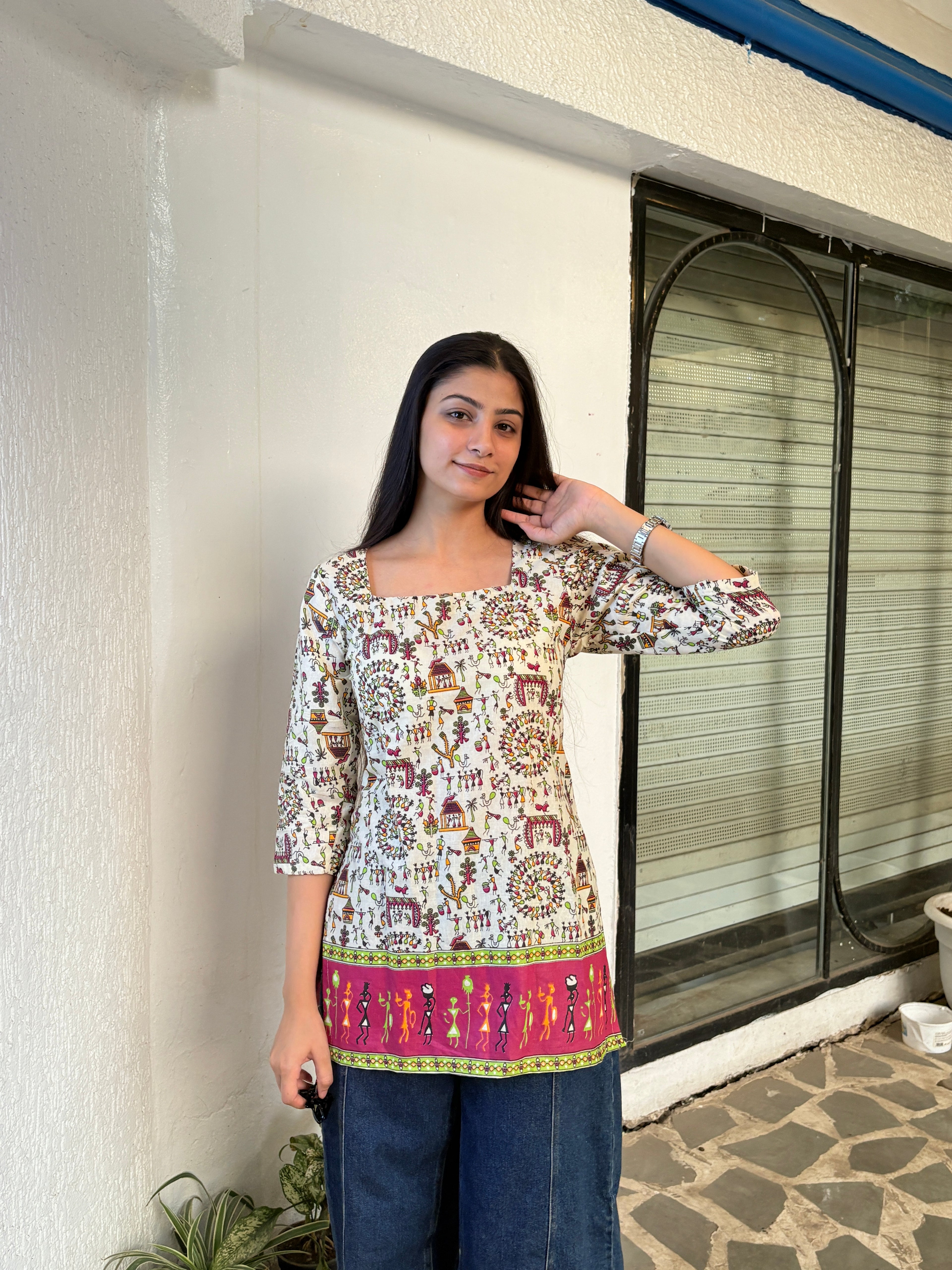 Warli art kurti | Pink color | Corset back