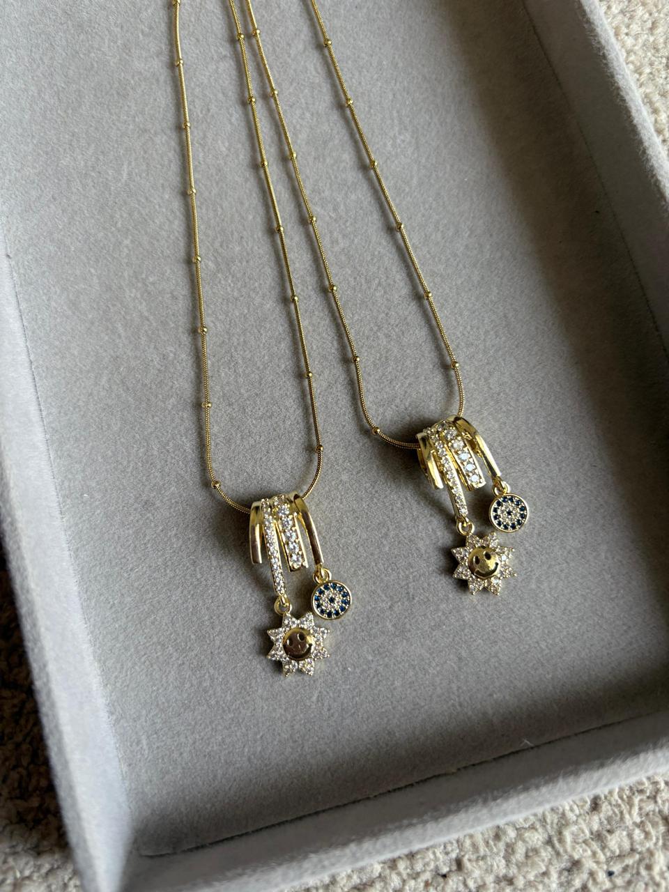 Multi Charm Necklace – Gold Sun & Evil Eye Dainty Pendant Necklace for Women
